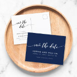 Editable Background Relax Script Save the Date Announcement Postcard<br><div class="desc">Stylish Save the Date postcard featuring the words "Save the Date" in a relax cursive script in white against an editable background color (click customize to change the color). Personalize it by replacing the placeholder text. For more options such as to change the font and it's size/color or the spacing...</div>