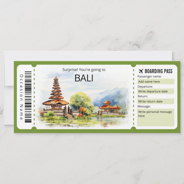 Editable Bali Plane ticket, Bali Trip Invitation (Front)