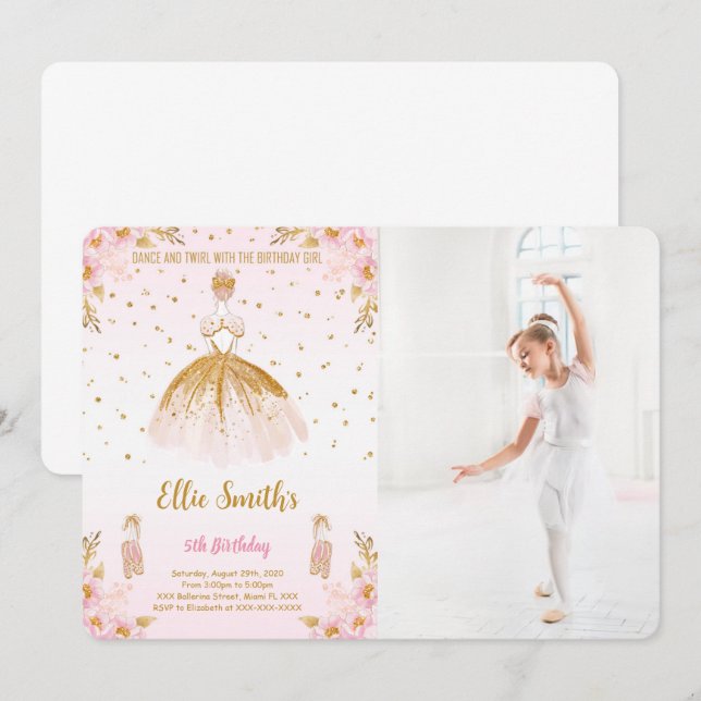 Editable Ballerina Birthday Photo Invitation (Front/Back)