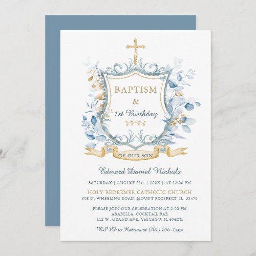  Editable Baptism Blue and Gold Monogram  Invitation