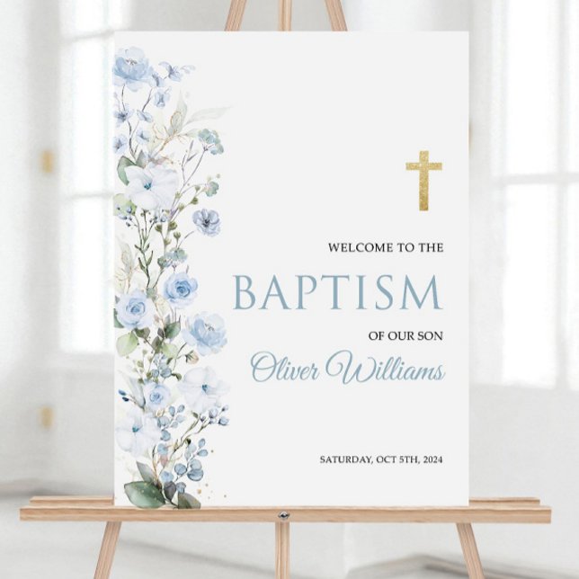 Editable Baptism Welcome Sign Template, Blue Roses (Creator Uploaded)