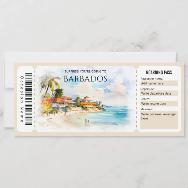 Editable Barbados Plane Boarding Pass Ticket Invitation | Zazzle