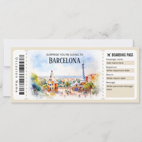 Editable Barcelona Plane Boarding Pass Ticket Invitation