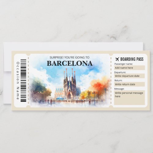 Editable Barcelona Spain Plane Boarding Pass Invitation