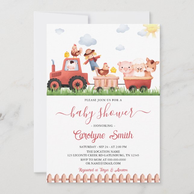 Editable Barnyard Farm Animals Baby Shower Invitation (Front)