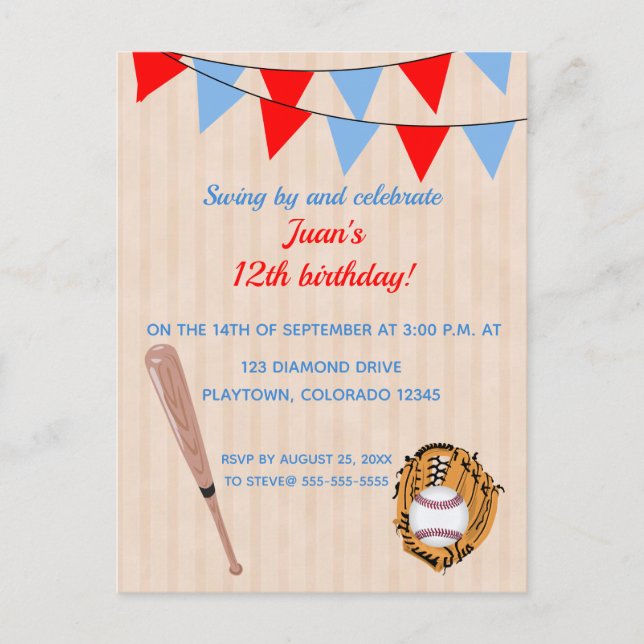 Editable Baseball Softball Birthday  Invitation Postcard (Front)