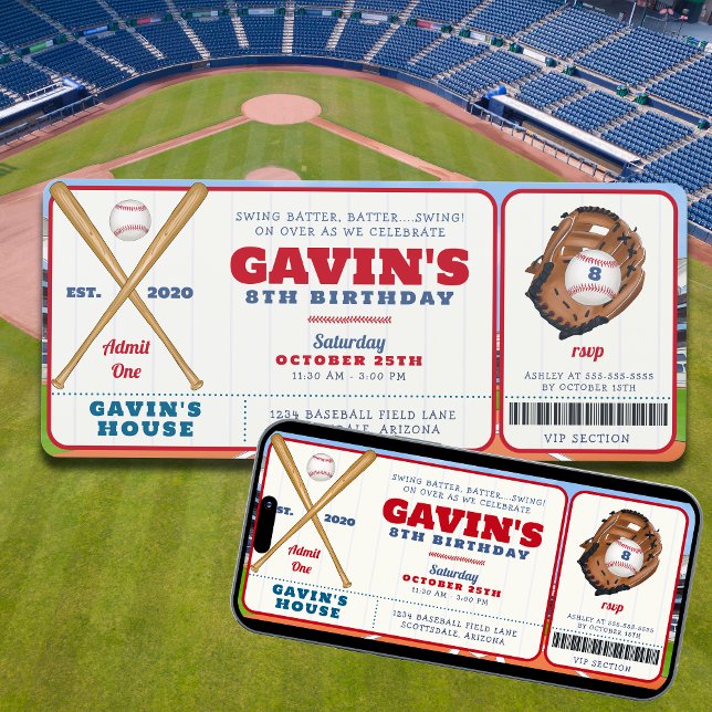 Editable Baseball Ticket Sports Birthday Party Invitation (Creator Uploaded)