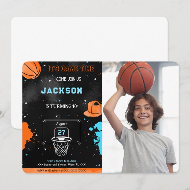 Editable Basketball Birthday Photo Invitation (Front/Back)
