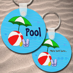 Editable Beach Ball Pool Umbrella Waves Keychain