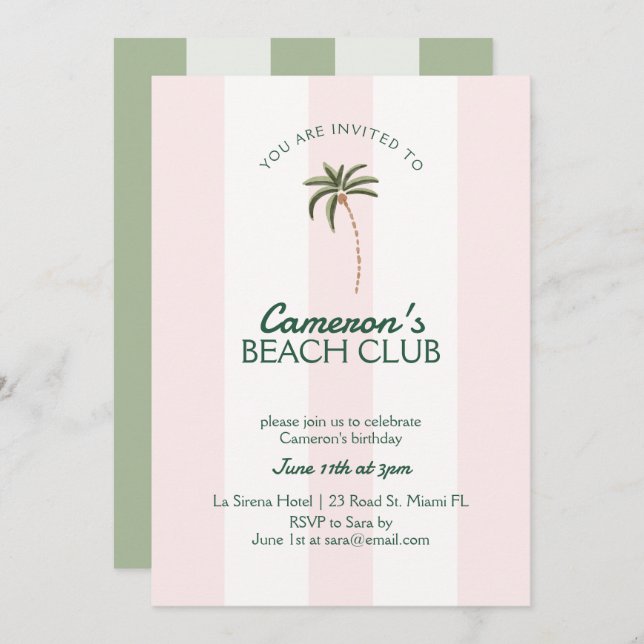 Editable Beach Club Cabana Invitation Birthday (Front/Back)