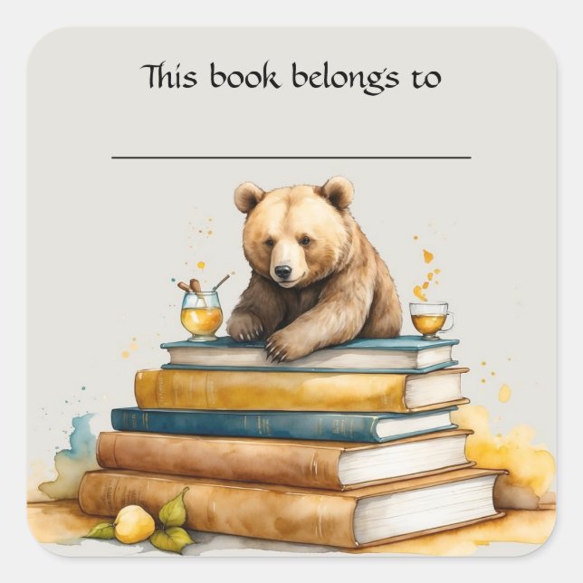 Editable Bear and Books Bookplate Sticker (Front)
