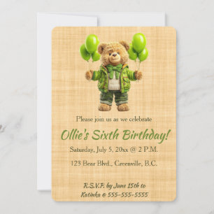 Editable Bear With Green Balloons Birthday Invitation