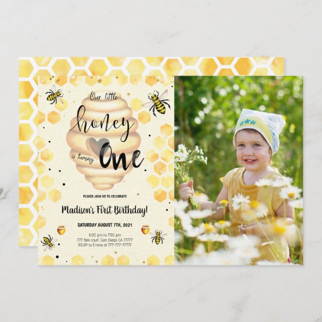 Editable Bee Photo Invitation (Front/Back)