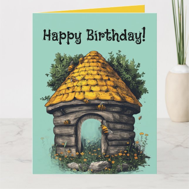 Editable Bees and a Beehive Greeting Card (Front)