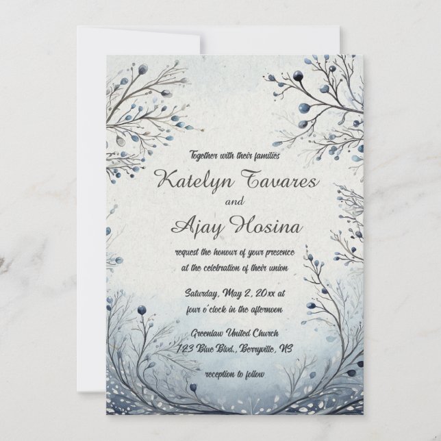 Editable Berries on Blue Wedding Invitation (Front)