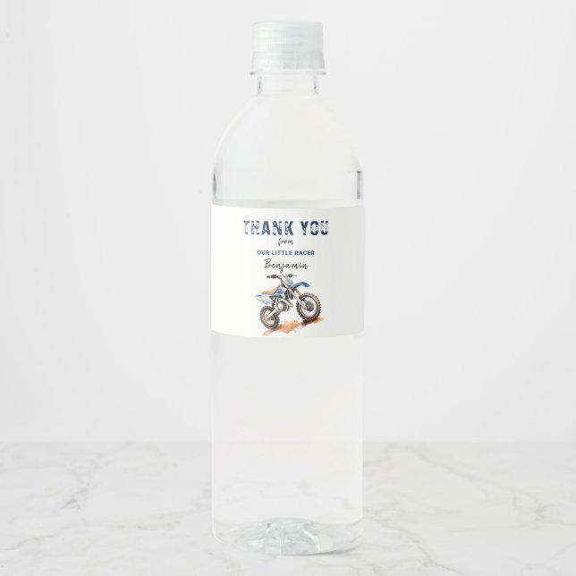 Editable Birthday Blue Dirt Bike Water Bottle Label (Front)