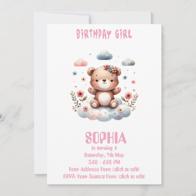 Editable Birthday Girl Teddy Bear Invitation 🧸💖 (Front)