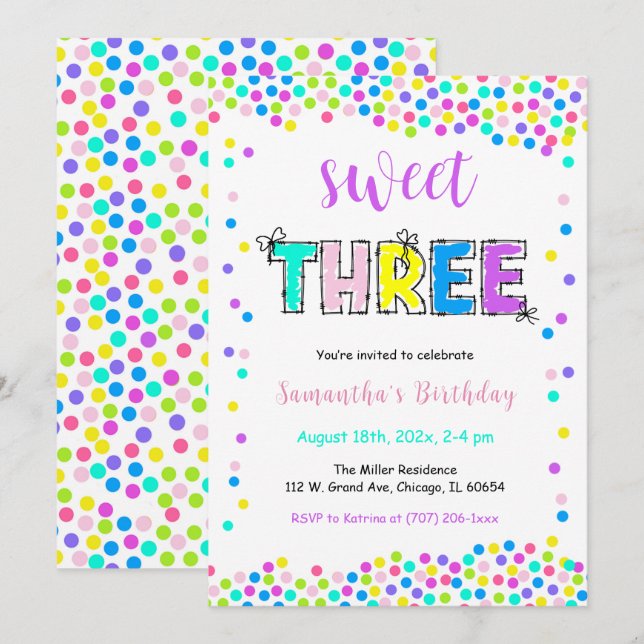 Editable Birthday Invitation Girl Age 3 (Front/Back)