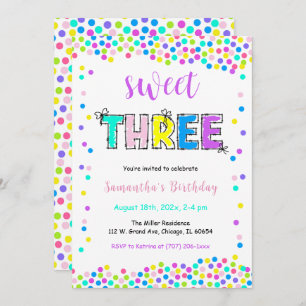 Editable Birthday Invitation Girl Age 3