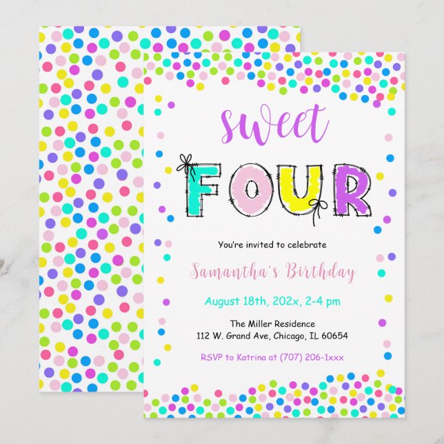 Editable Birthday Invitation Girl Age 4 (Front/Back)