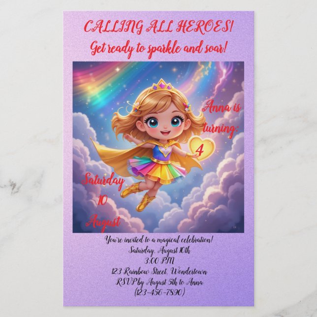Editable Birthday Invitation – Superheroine Theme Stationery (Front)