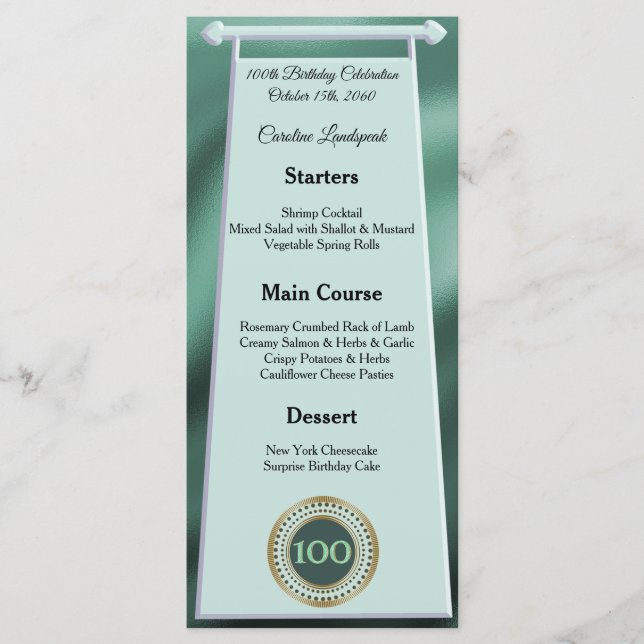 Editable Birthday Menu 100th Green Glitter (Front)