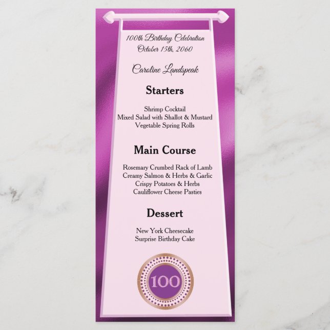 Editable Birthday Menu 100th Pink Glitter (Front)