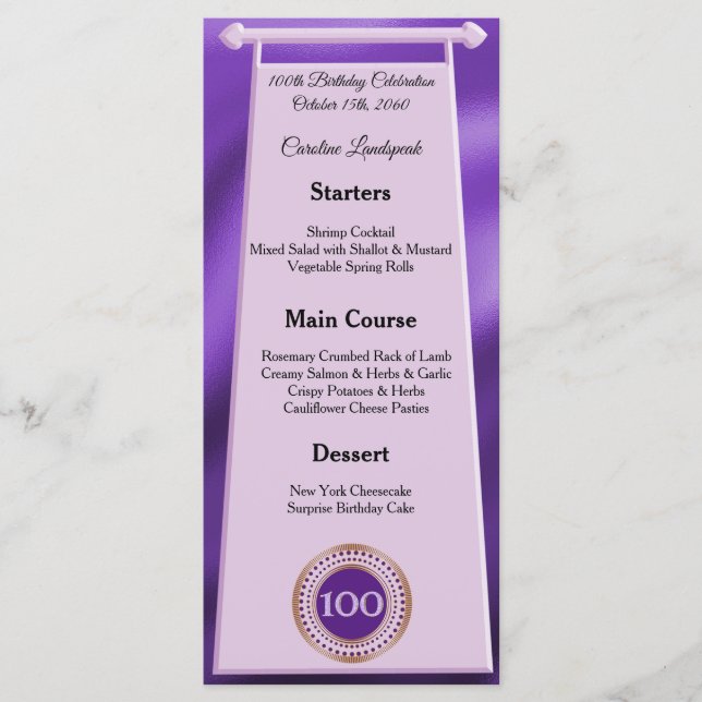 Editable Birthday Menu 100th Purple Glitter (Front)