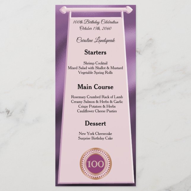 Editable Birthday Menu 100th Rose Gold Glitter (Front)