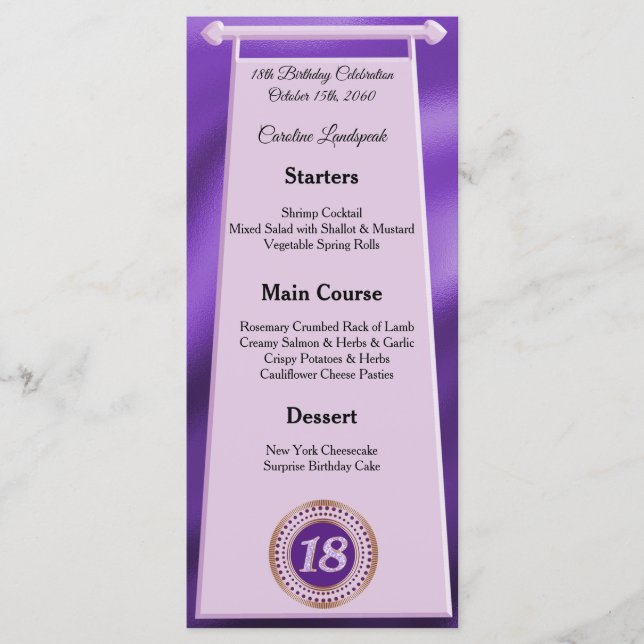 Editable Birthday Menu 18th Purple Glitter (Front)