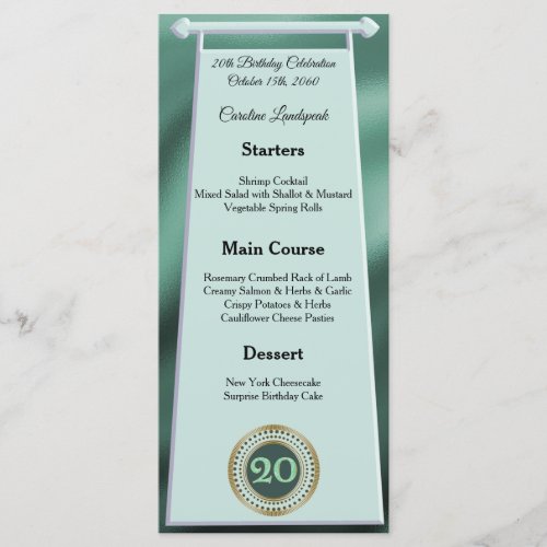 Editable Birthday Menu 20th Green Glitter