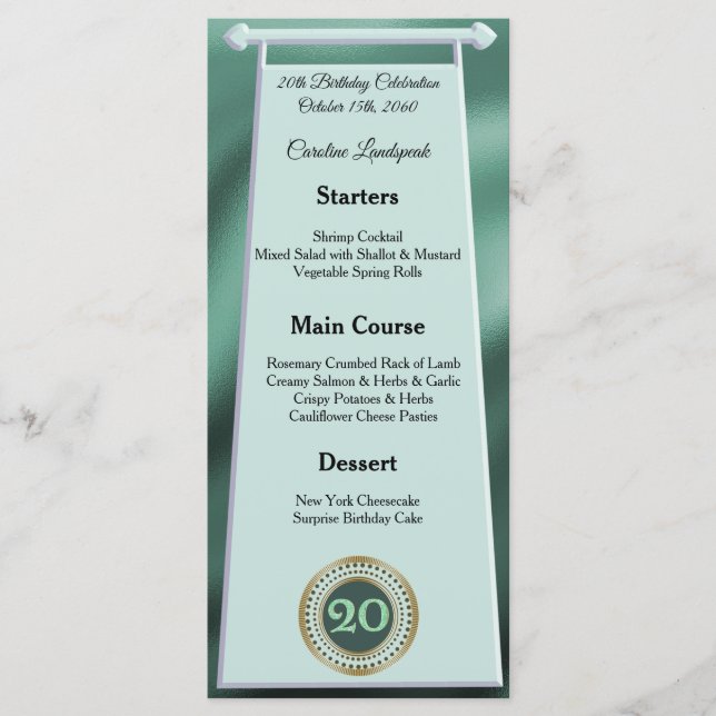 Editable Birthday Menu 20th Green Glitter (Front)