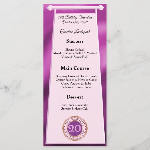 Editable Birthday Menu 20th Pink Glitter