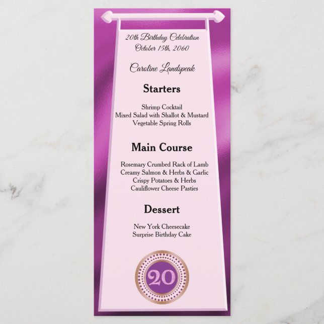 Editable Birthday Menu 20th Pink Glitter (Front)