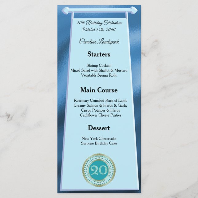Editable Birthday Menu 20th Teal Blue Glitter (Front)