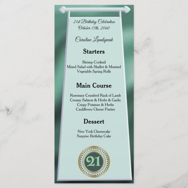 Editable Birthday Menu 21st Green Glitter (Front)