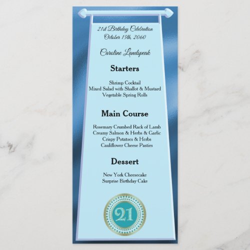 Editable Birthday Menu 21st Teal Blue Glitter