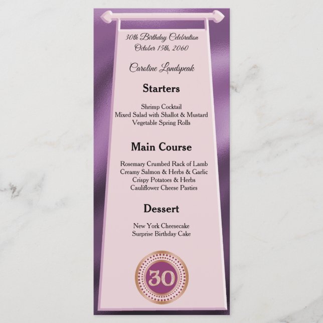 Editable Birthday Menu 30th Rose Gold Glitter (Front)