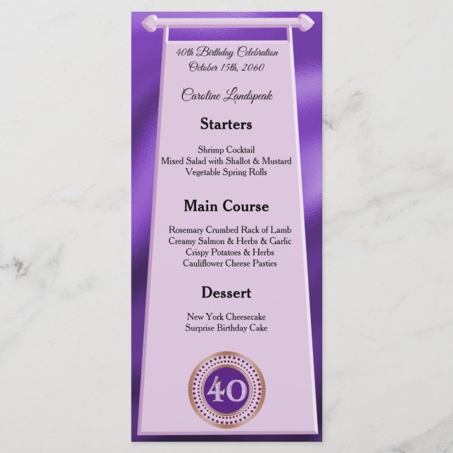 Editable Birthday Menu 40th Purple Glitter (Front)