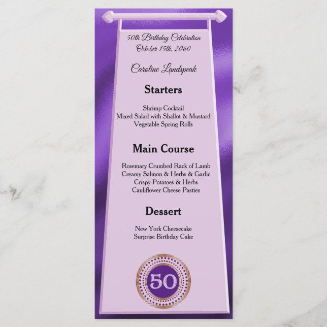 Editable Birthday Menu 50th Purple Glitter (Front)