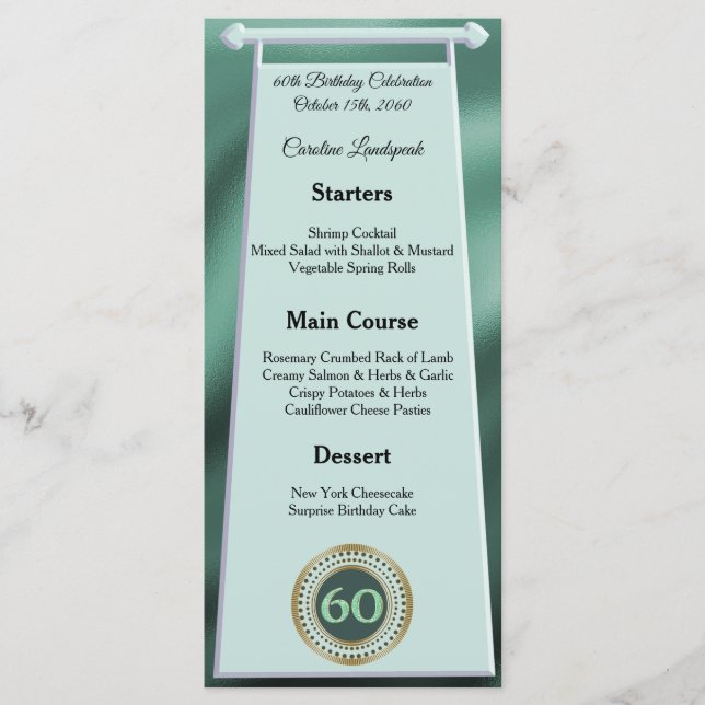 Editable Birthday Menu 60th Green Glitter (Front)
