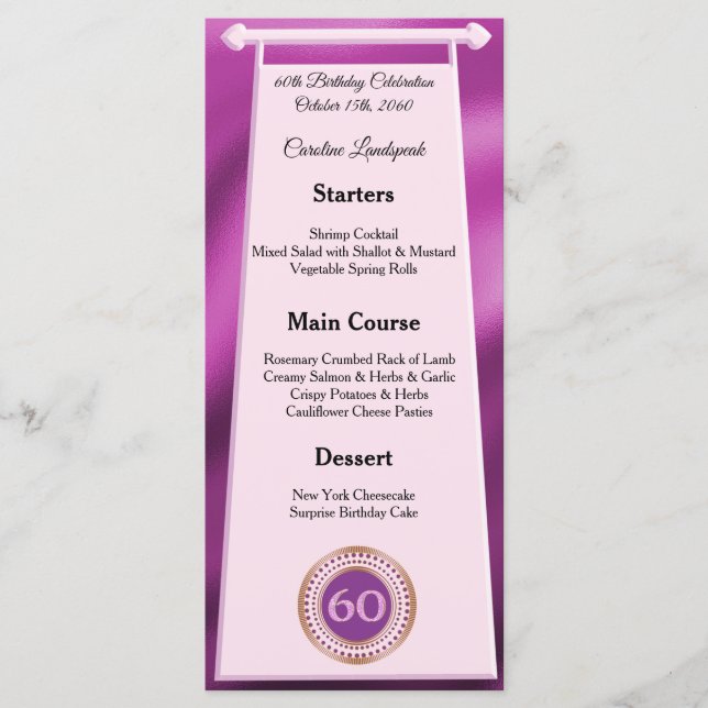 Editable Birthday Menu 60th Pink Glitter (Front)