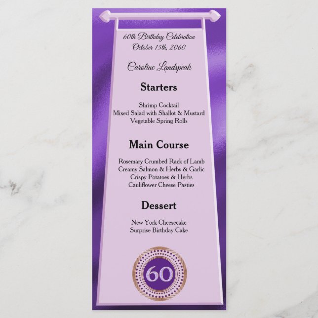 Editable Birthday Menu 60th Purple Glitter (Front)