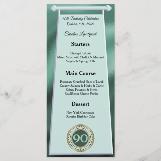 Editable Birthday Menu 90th Green Glitter (Front)