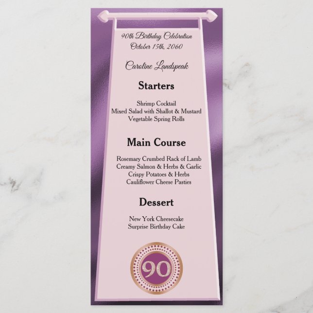 Editable Birthday Menu 90th Rose Gold Glitter (Front)