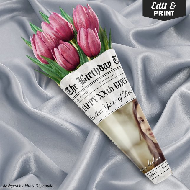 Editable Birthday Newspaper Flower Bouquet Wrapping Paper Sheets (Editable Birthday Newspaper Flower Bouquet Wrapping Paper Sheets)