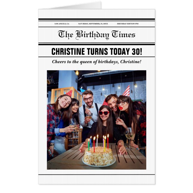 Editable Birthday Newspaper Photo Template Card (Front)