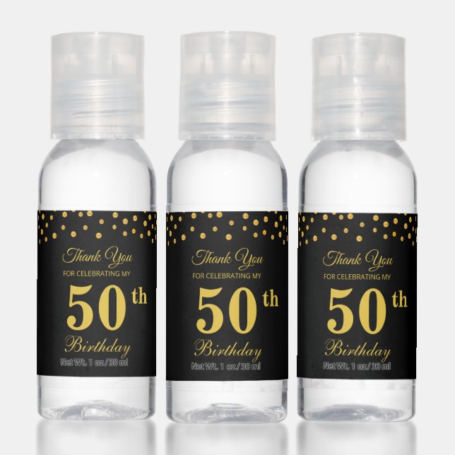 Editable Birthday Party Favor in Black & Gold Hand Sanitizer (Set)