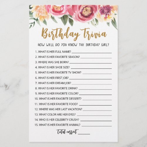 Editable Birthday trivia Birthday party game