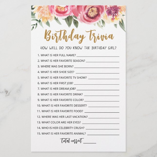 Editable Birthday trivia Birthday party game (Front)